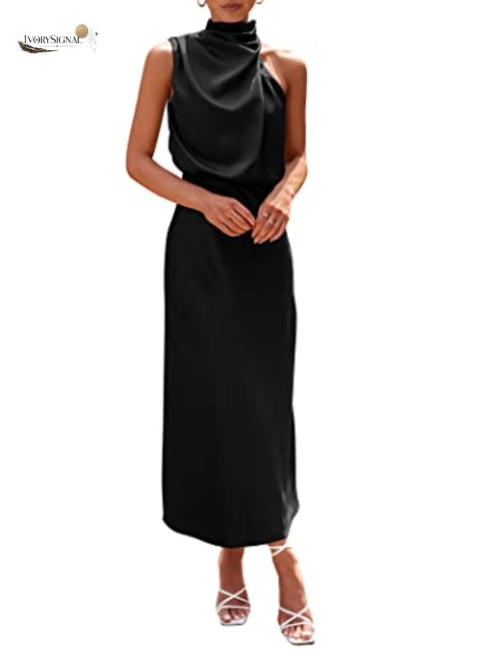 Satin Maxi Dress Sleeveless Mock Neck Fit & Flare Formal Cocktail